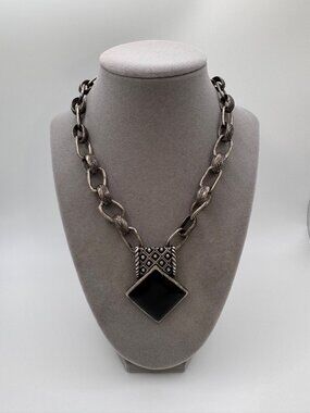 Chicos Statement Necklace Black Pendant Silver Tone Chain Heavy Bold Modern